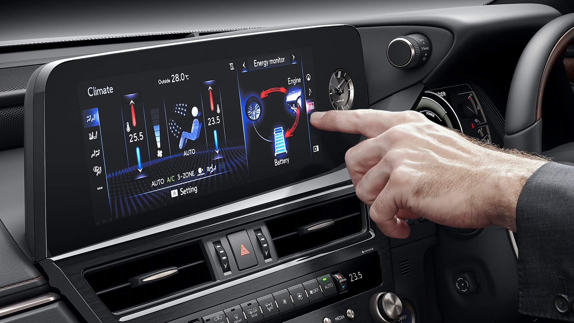 A man's hand reaches for the 12.3-inch widescreen in the ES