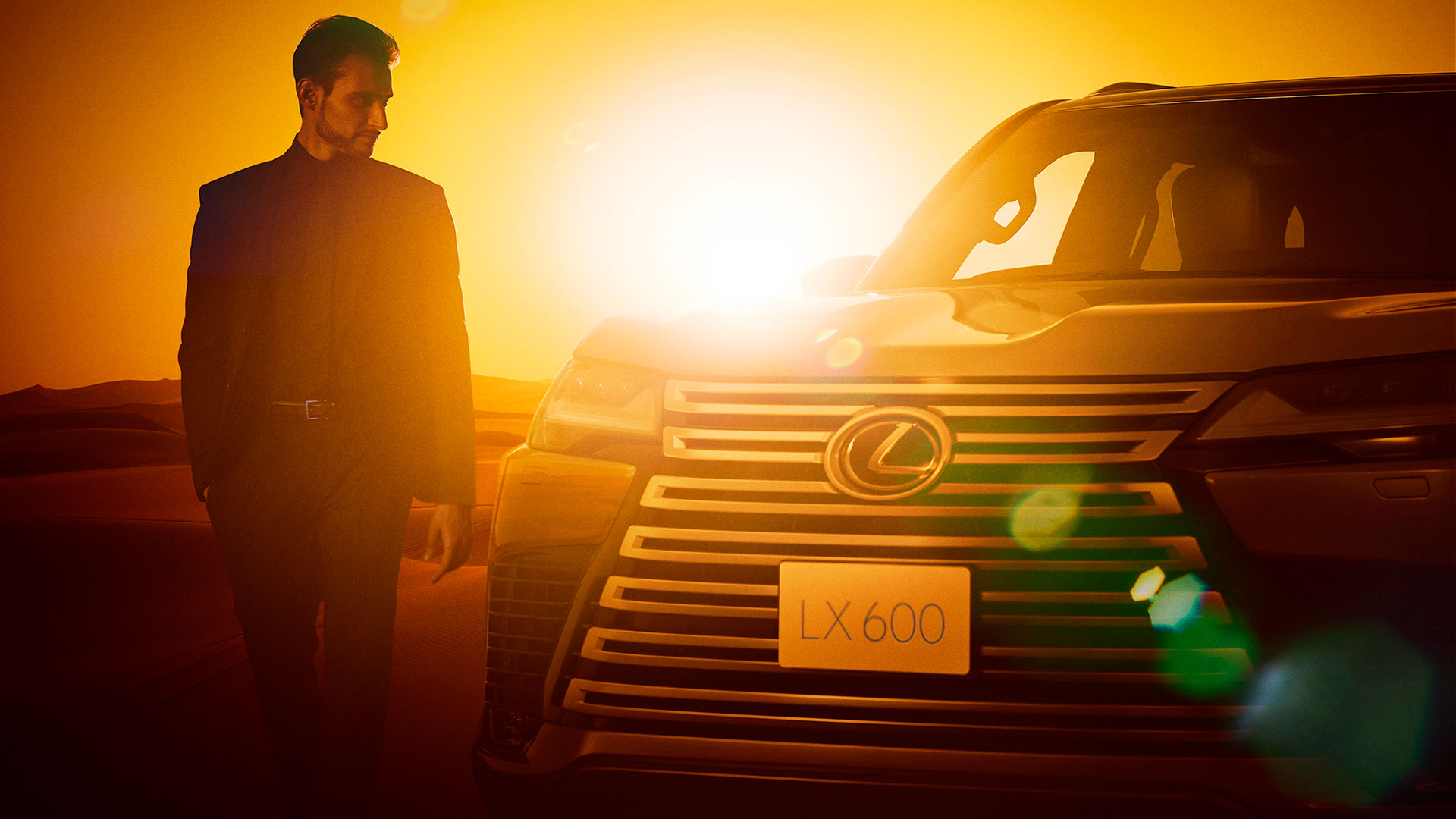 Lexus LX 600 with the sun setting behind