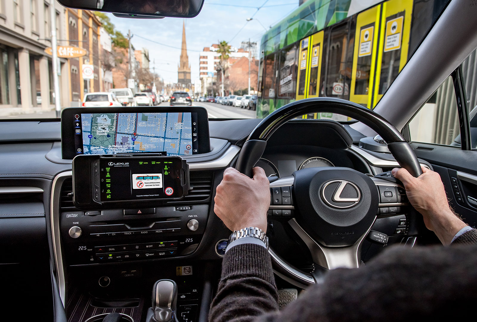 The specially prepared Lexus RX 450h fitted with Dedicated Short Range Communication (DSRC) and cellular network technologies.