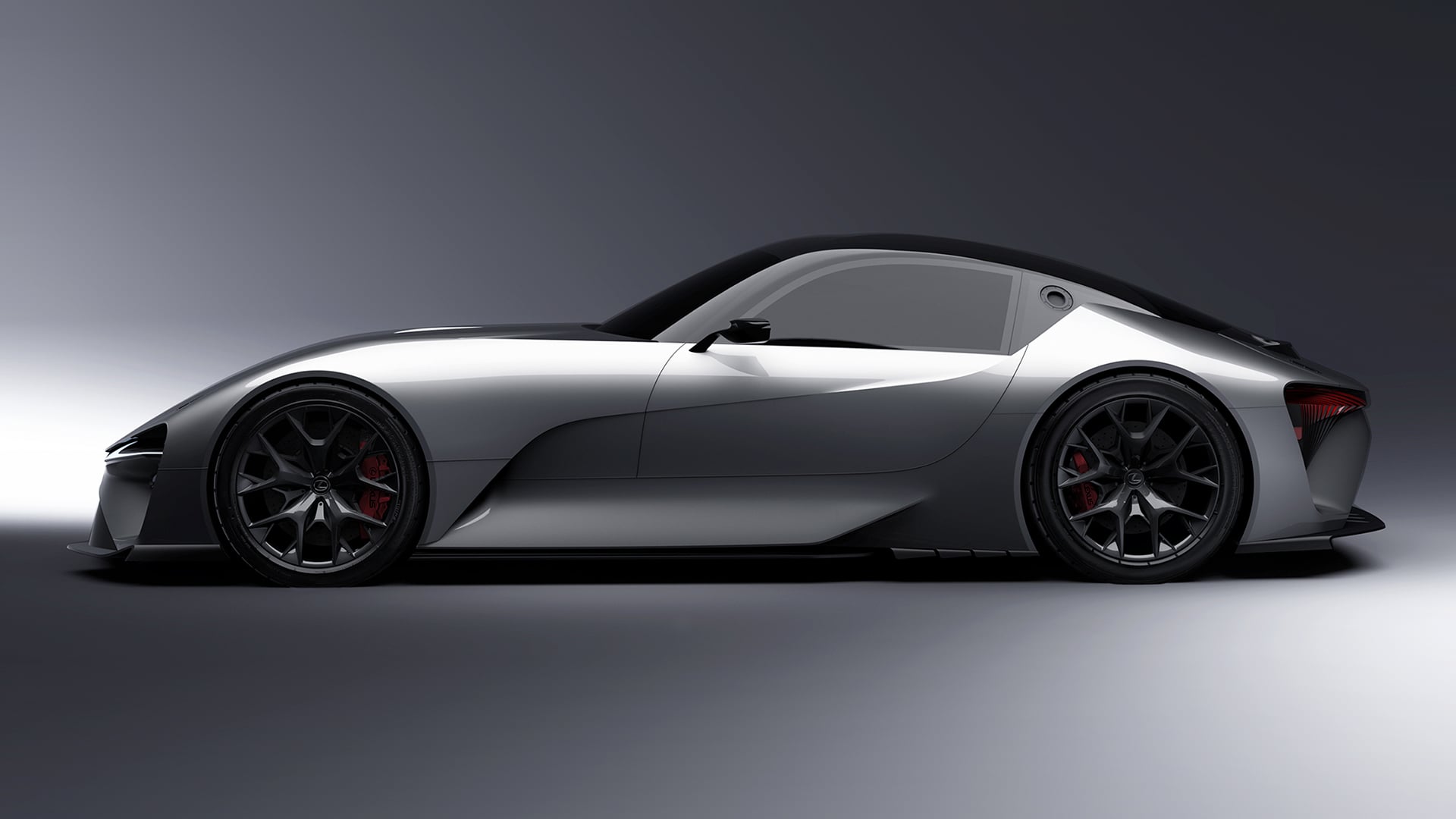 Profile view of Lexus Electrified Sport Concept model in metallic silver.