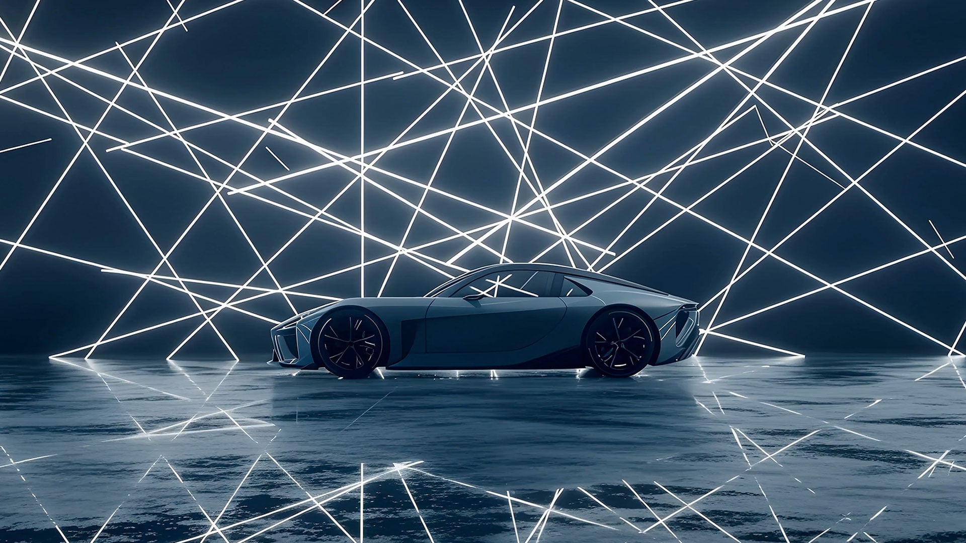 Lexus LFA Concept BEV sports car in side profile, displayed against a geometric light installation